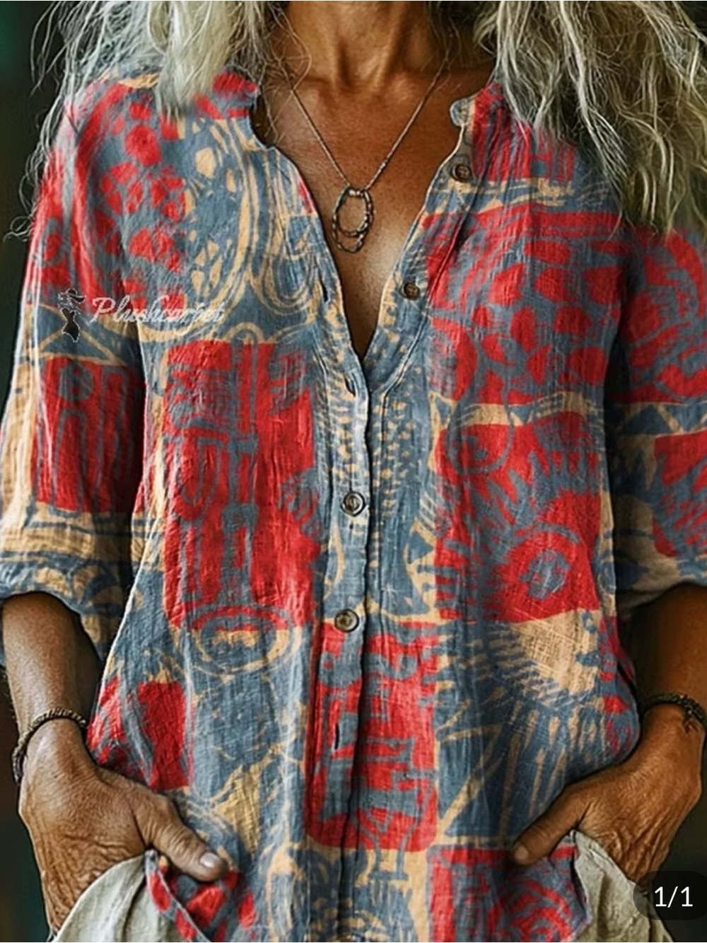 Plushcarpet Bohemian Ethnic Collage Art Pattern Abstract Print Button Down - Picture 1 of 9